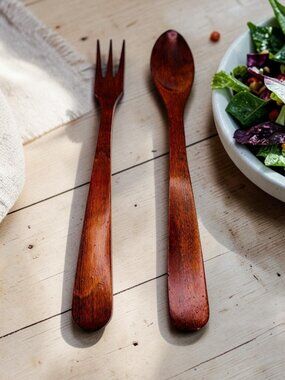Vintage Handcrafted Wooden Salad Server Set – Mid Century Modern Serving Utensil